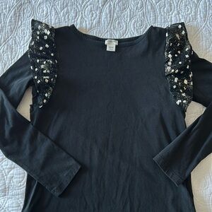 J Crew Crewcuts Longsleeve Top Medium Jersey Black Silver Ruffle Shoulder